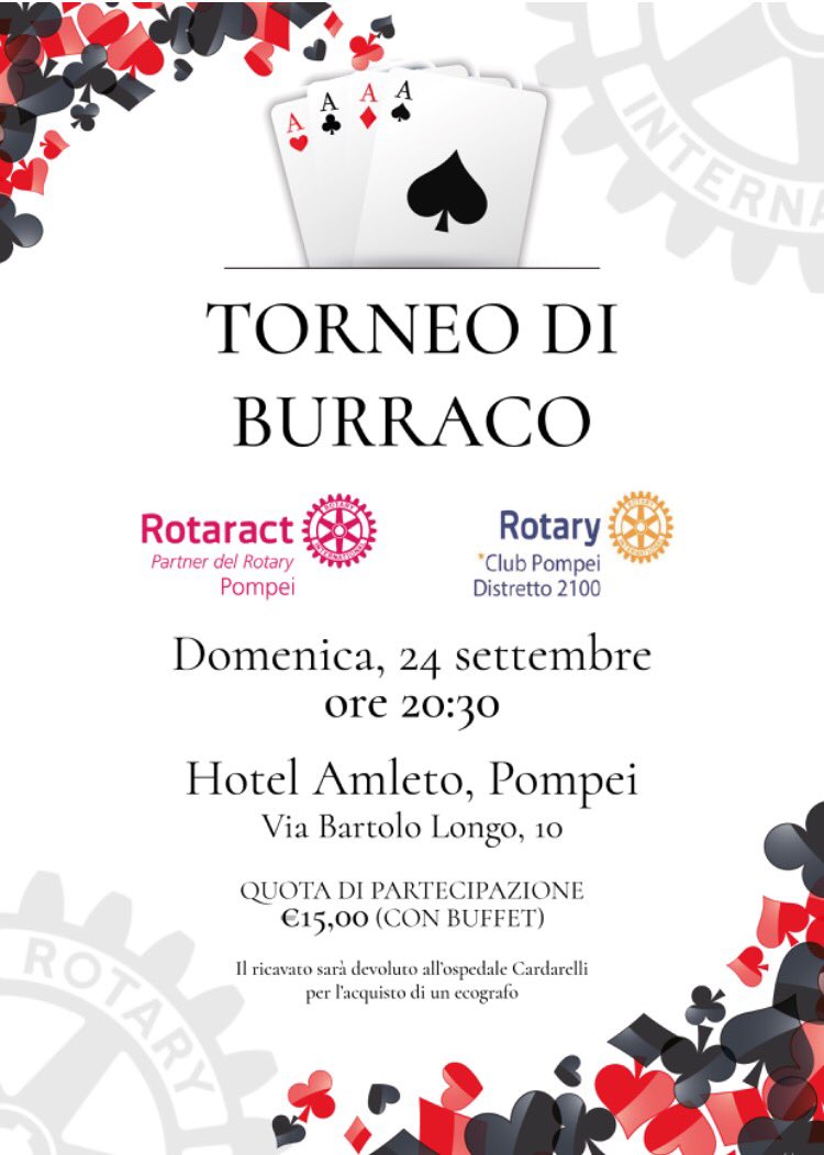 RotaractPompei's tweet photo. Il Rotaract e il Rotary Pompei vi attendono al "Torneo di Burraco" il 24/09/17 alle ore 20.30 presso l'Hotel Amleto, Pompei. #distretto2100 https://t.co/2Y2s6boxbO