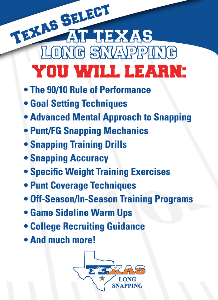 CONREYD1's tweet photo. What you will learn at Texas Select Long Snapping Camp.
Don't forget to register! > https://t.co/VMP2cI2w76
#txlongsnapping #texasselect https://t.co/Fw375VcOrF