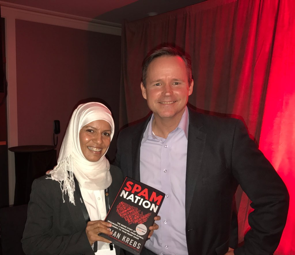 KavyaPearlman's tweet photo. @briankrebs @ThreatMetrix Thanks @briankrebs for the insightful session and signing the book #SpamNation https://t.co/8Ow9NNY5wh