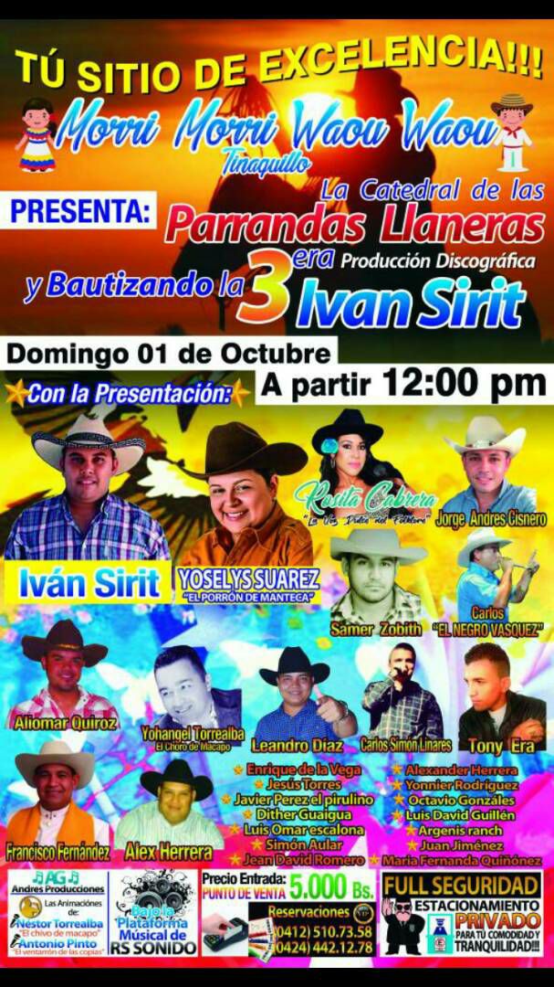 Valor de la entrada: 5 bs.
Que baratoooo primooo! 5bs.
Para mayor información o Reservaciones 04125107358