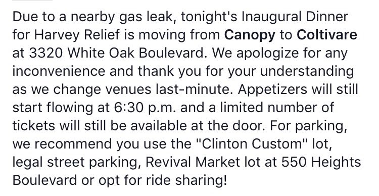 IHWSH_TX's tweet photo. Please note: tonight's dinner has moved from @CanopyHouston to @ColtivareHTX. Click image to read more. Apologies for any inconvenience! https://t.co/4LaMsMzVGX