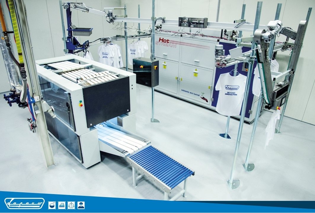 Para lavanderias que procuram solução completa em vestuário: Túnel de acabamento(HotSTREAM) + sistema de carregamento + dobradeira. #lapauw