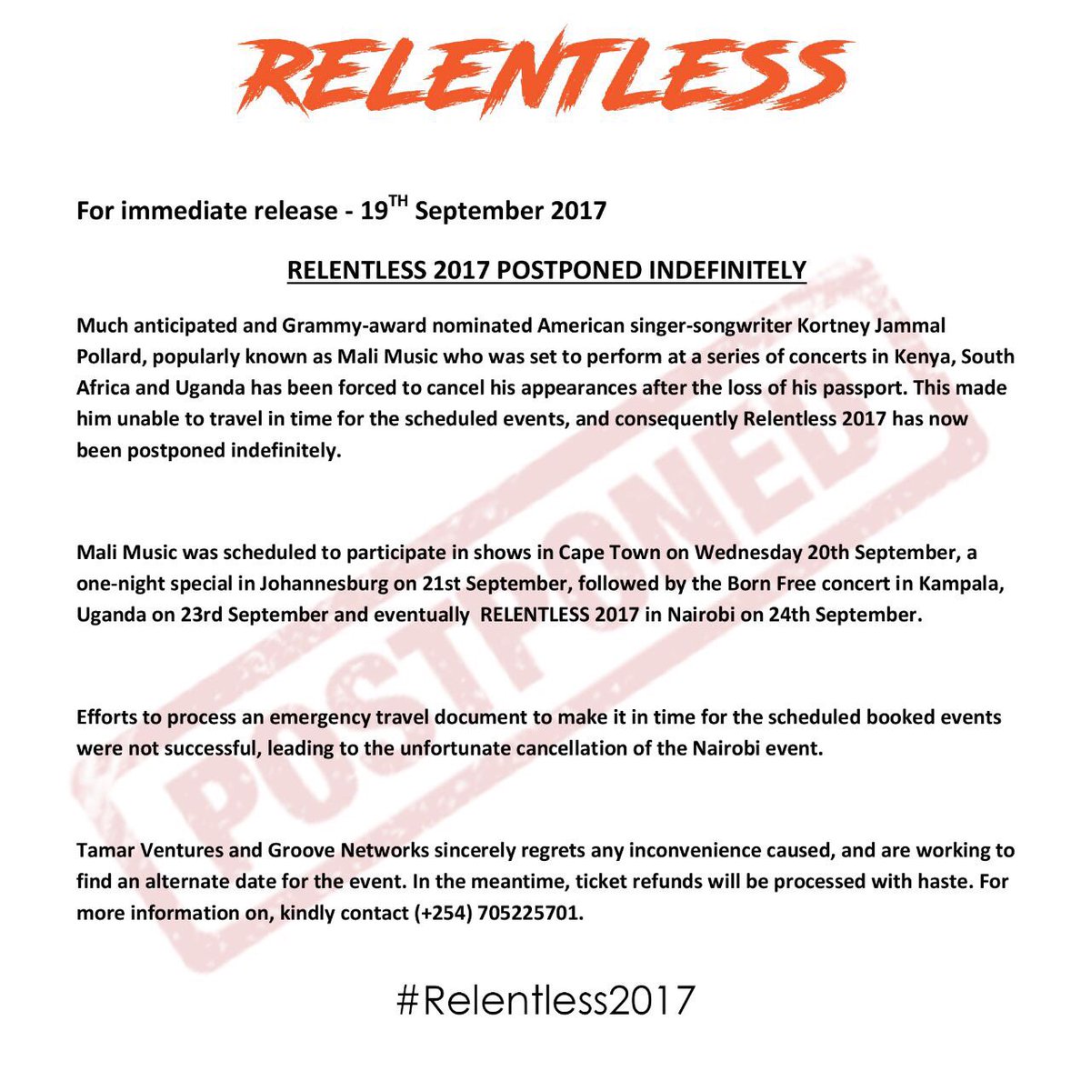 beatlock_'s tweet photo. We apologize for inconveniences caused! Check the poster & media release for more details!.. #relentless2017 #Beatlock #Events254 https://t.co/BNfkwGWINe