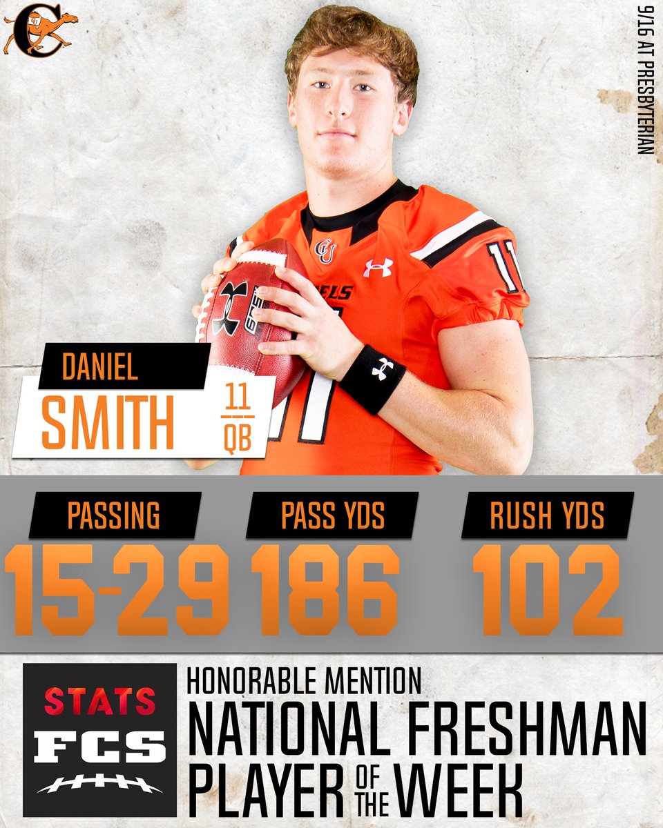 After a big game @ PC, Daniel Smith is an honorable mention National Freshman of the Week from @FCS_STATS! gocamels.com/news/2017/9/19… #GoCamels