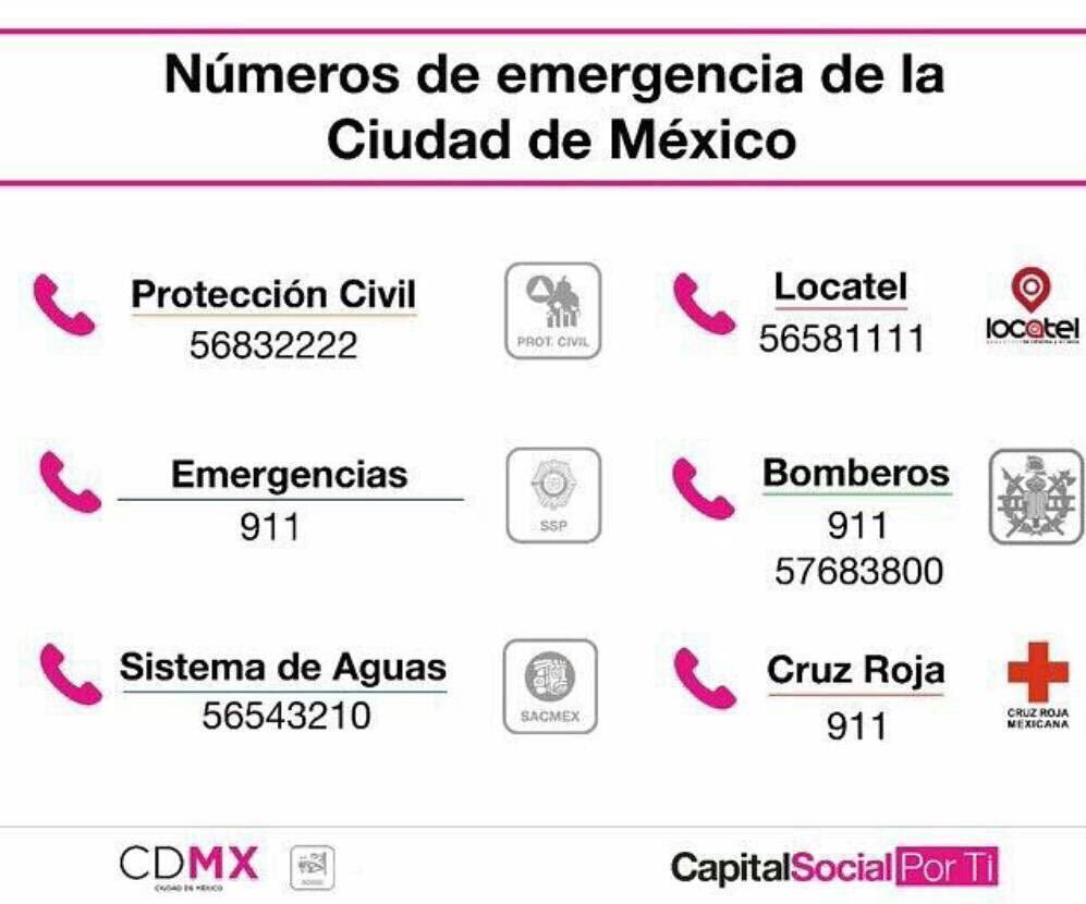Teléfonos de emergencia en CDMX:

• Cruz Roja: 911
• Emergencias: 911 
• Protección Civil: 56832222
• Locatel: 56581111

FAVOR DE COMPARTIR