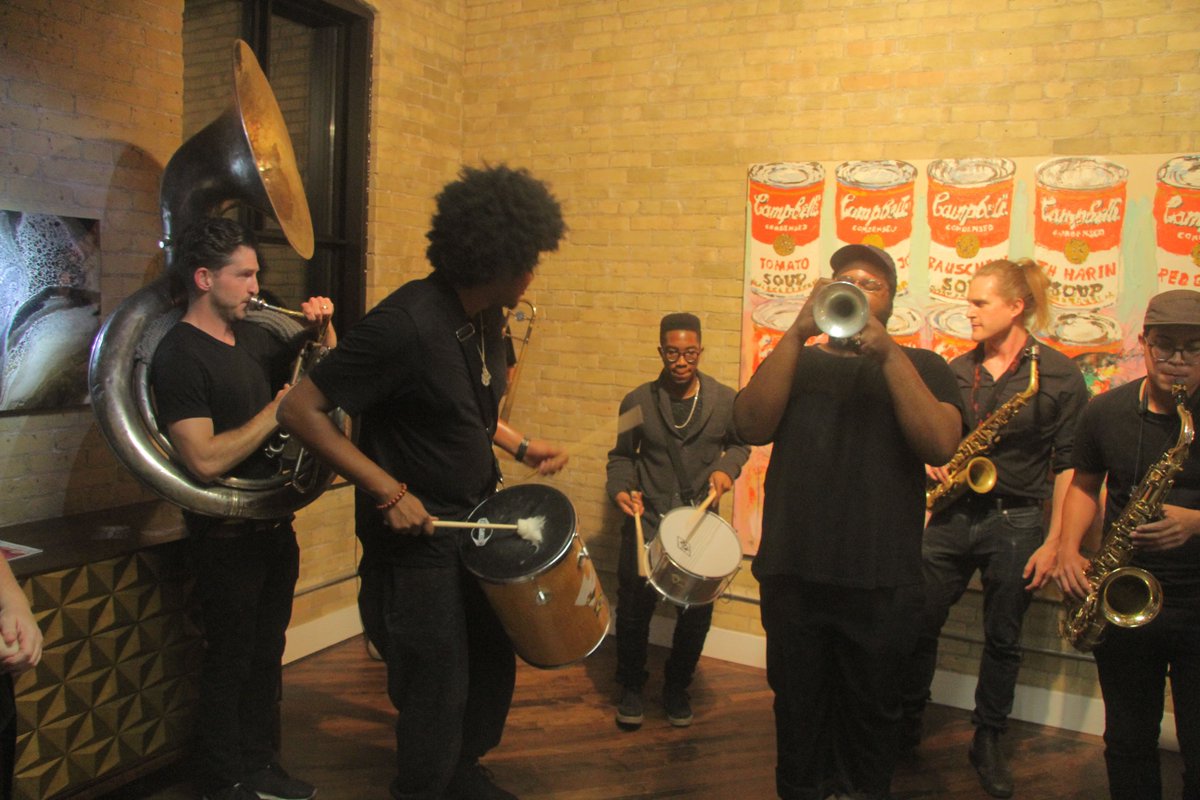 unkleart's tweet photo. T. Dot Bangerz Brass in front of Tom Ackermann's "5 Empty Soup Cans"; our current show runs until Sept 22; Design House London, 186 York St https://t.co/BlEO9FI0Kp