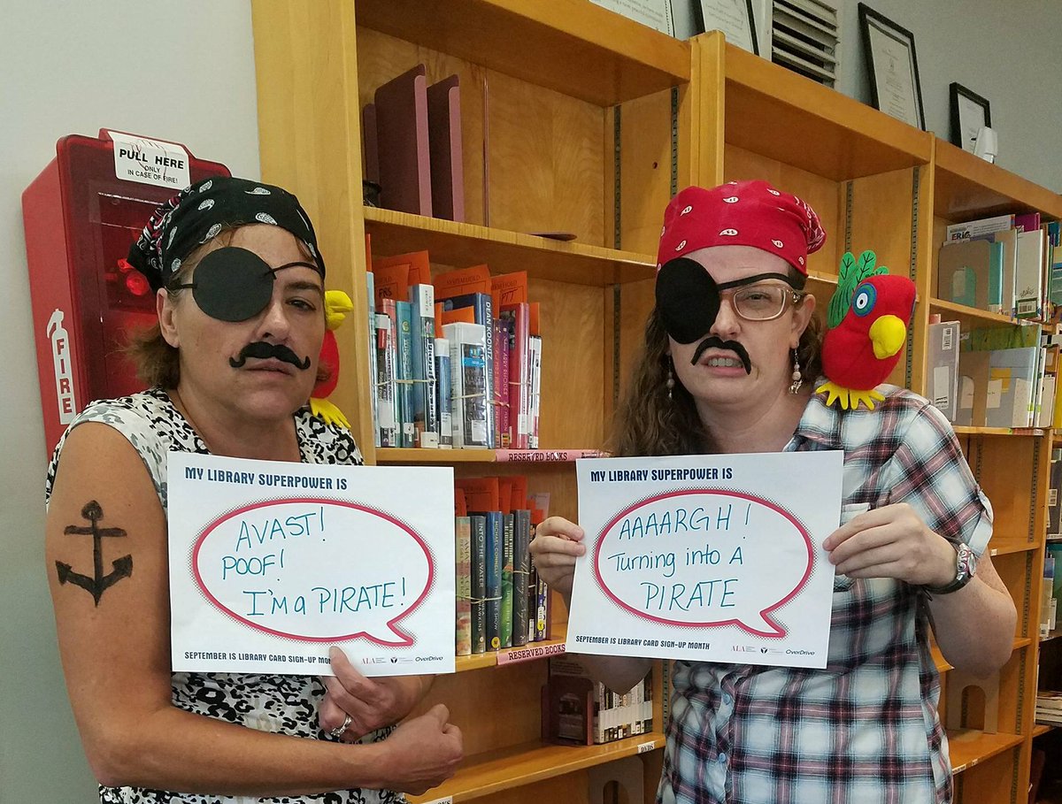prattlibrary's tweet photo. Aaarghhh! The Patterson Park Branch librarians turned into pirates on #TalkLikeAPirateDay, then lead a scavenger hunt. #LibrarySuperPower https://t.co/tt1STNR029