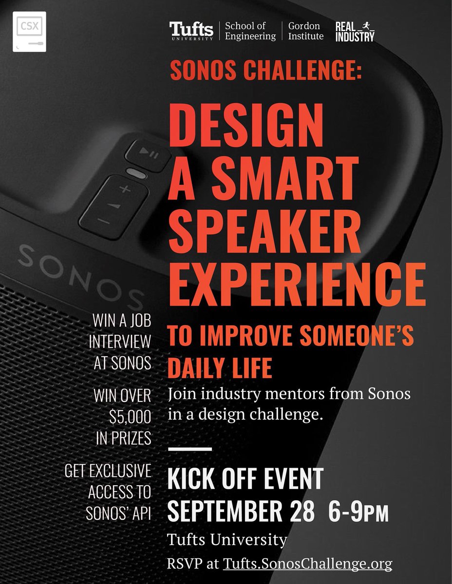 Only a few spots left for this Sonos event at <a href="/TuftsUniversity/">Tufts University</a> realindustry.org/sonos-challeng…