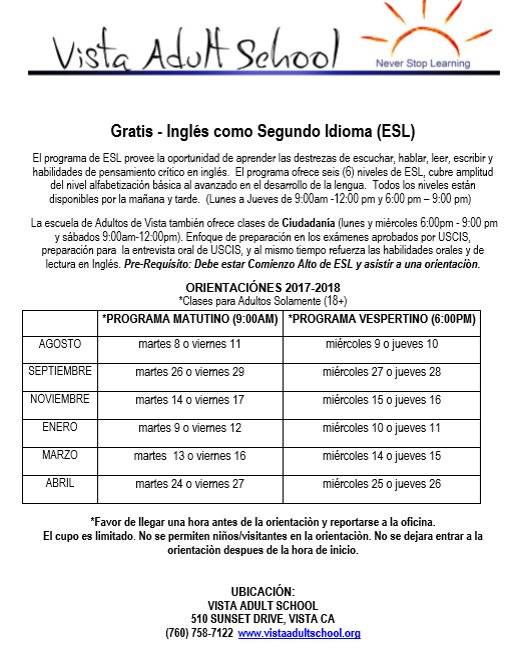 Next week: Orientations for FREE English as Second Language (ESL) Program!! VAS offers courses during the day and evening hours!