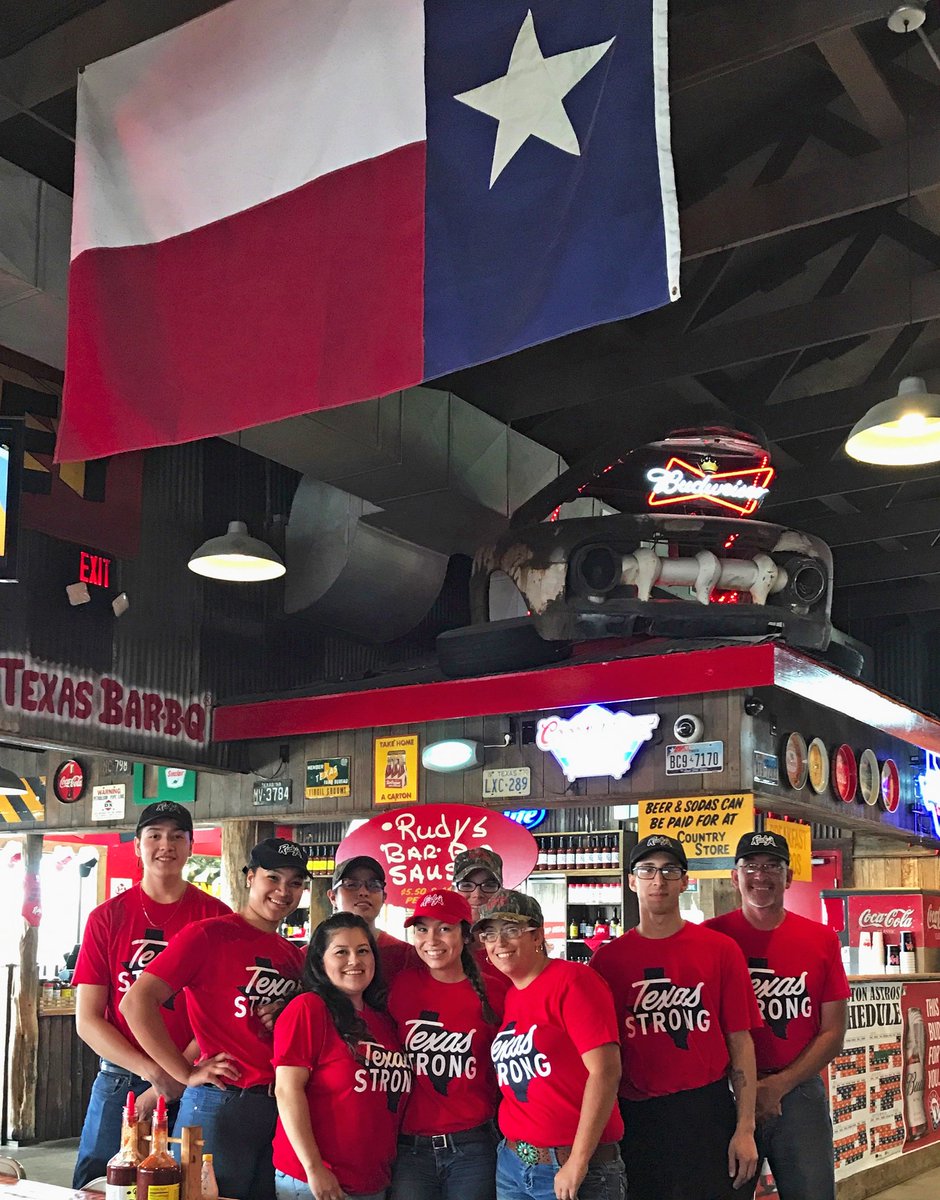 Texas Strong Shirts available online and in-stores! 100% of proceeds benefit hurricane relief organizations! Visit shop.rudysbbq.com/texas-strong-t…!