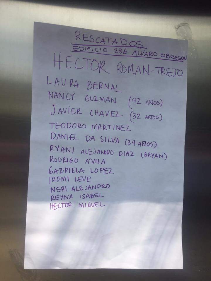 Lista de nombres de personas rescatadas en la condesa. Edificio 286 Álvaro Obregón.