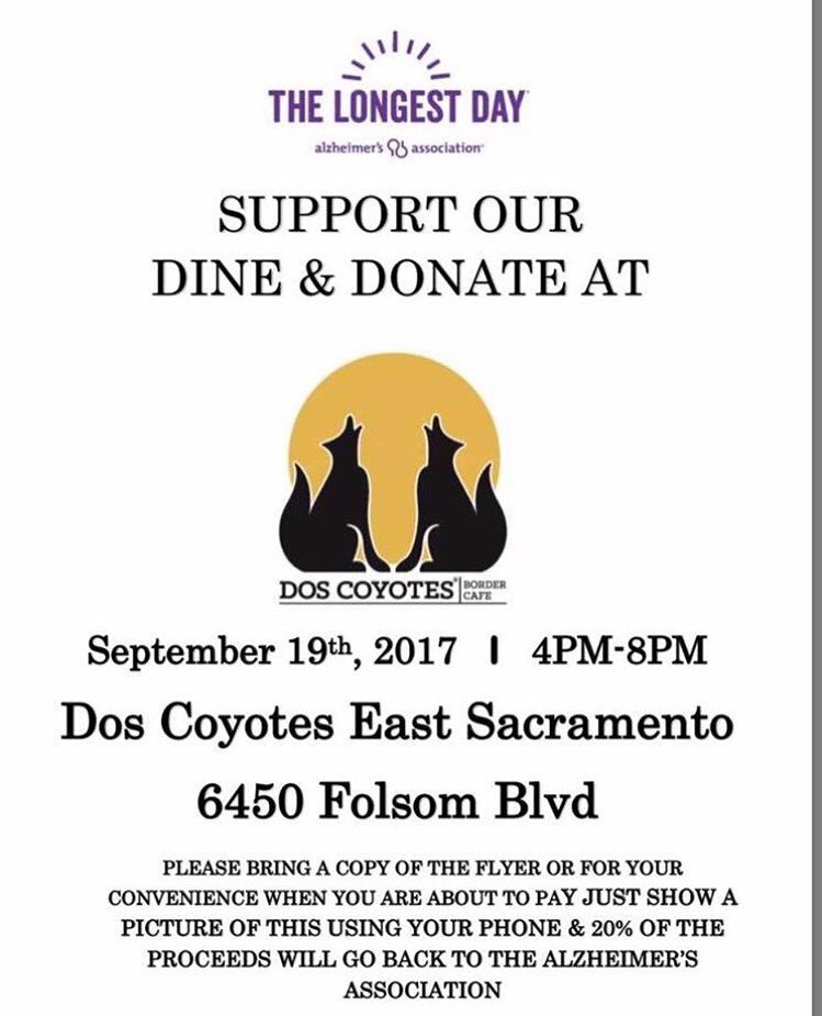 Come out and Support <a href="/sigmakappa_csus/">Sigma Kappa at CSUS</a> at Dos Coyotes and help raise money for the Alzheimer's association. #GreekUnity