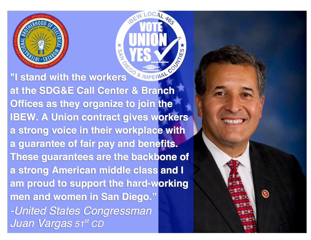 IBEW465's tweet photo. W/ only 3 days until the vote, the @SDGE Call Center/Branch Office workers receive the support of US Congressman @RepJuanVargas #CCCunited https://t.co/qqLfr1GvHc