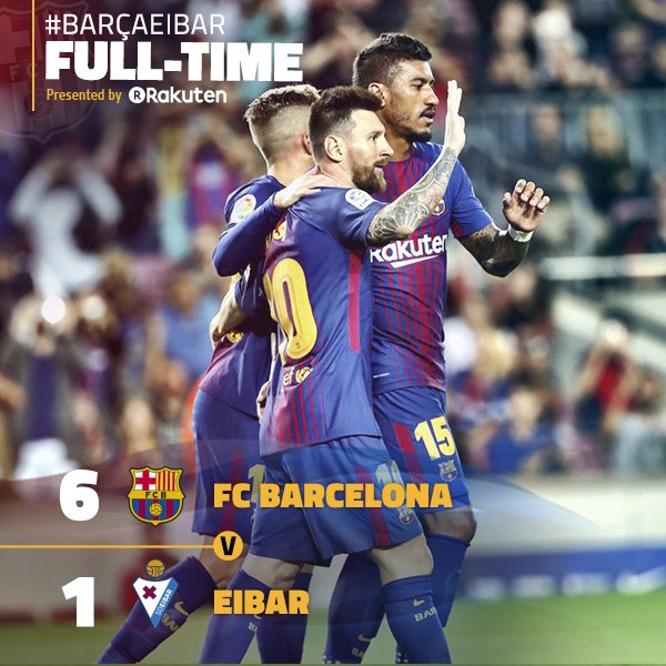 ⏰ Akhir laga di Camp Nou!
FC Barcelona 6-1 Eibar
⚽️ Messi (4), Paulinho &amp; Denis
👏👏👏👏👏👏
🔴🔵 #FCBlive #BarçaEibar
