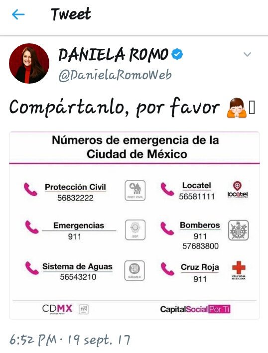 veroalmara's tweet photo. Aquí os comparto los números de emergencia para todos los afectados de México...#fuerzaCdMx https://t.co/5R1dE6A72m