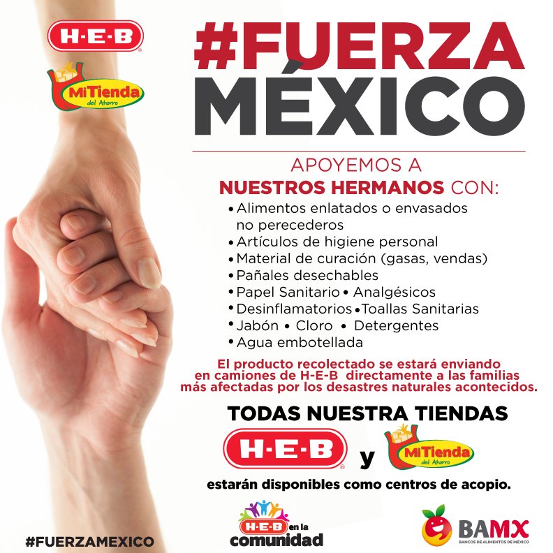 HEB_mexico's tweet photo. Ahora es el turno de ayudar a nuestros hermanos del centro del país. Te invitamos a donar en todas nuestras tiendas #FuerzaMéxico https://t.co/86ZpkMbvMA