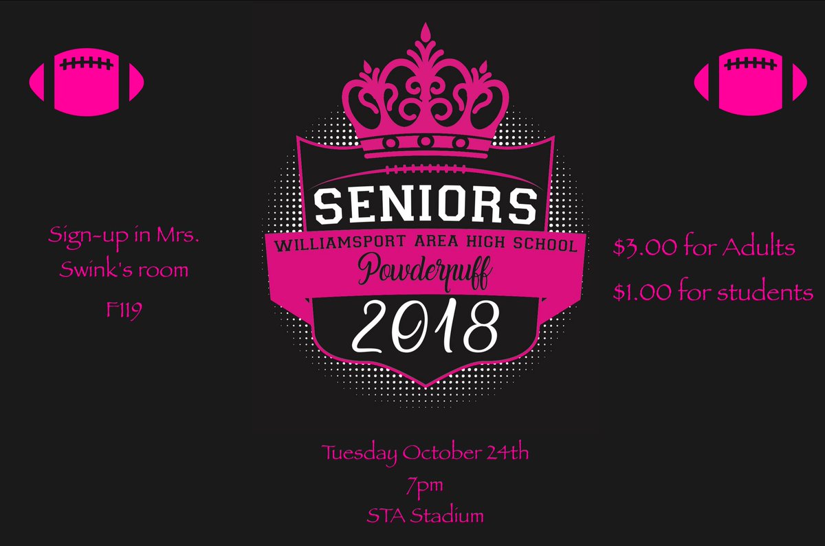 2018WAHS's tweet photo. Attention Senior Girls!! Powderpuff sign-ups start tomorrow! Stop in F119 Mrs. Swink’s room to get your sign-up sheet with more details. https://t.co/bLmLTCsCUp