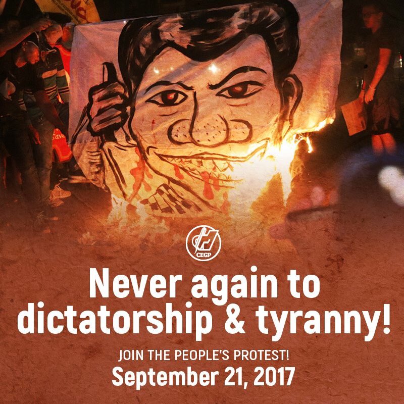 We, CEGP, call to #StopTheKillings and say #NeverAgain to #MartialLaw by tyrant #Duterte. We pledge to join Sept. 21 Luneta mobilization!