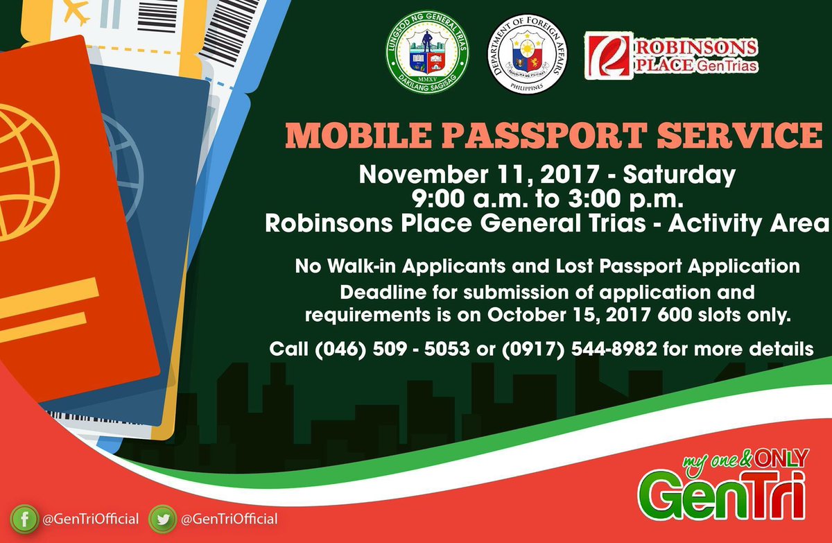 GenTriOfficial's tweet photo. Heads up, GenTriseños! The City Government of General Trias will be conducting the Mobile Passport Service.
#MyOneAndONlYGenTri https://t.co/TaS1QAWlGV
