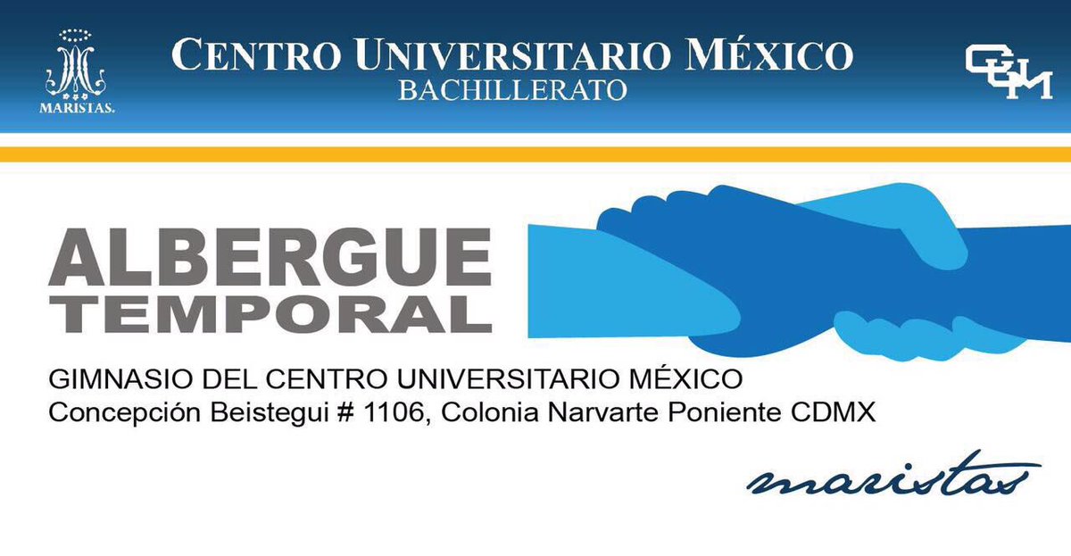 Vitalmex's tweet photo. El CUM (Centro Universitario México), abrió sus puertas como albergue esta noche. Por favor compartan esta información. #Narvarte #CDMX https://t.co/XmmPJ1gSjx