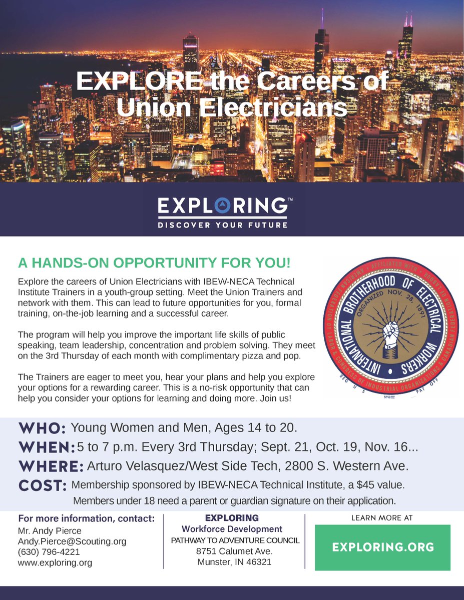 exploreacareer's tweet photo. Refer a teen today to the IBEW-NECA Technical Institute Exploring program. They can discover if careers as a union electrician are for them! https://t.co/cSyYh8vWRP