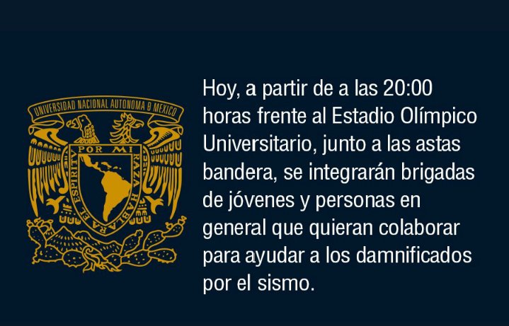 Radio_Formula's tweet photo. #Relevante La @UNAM_MX abre centros de acopio para damnificados en #CiudadUniversitaria https://t.co/ZNvL98fKiz