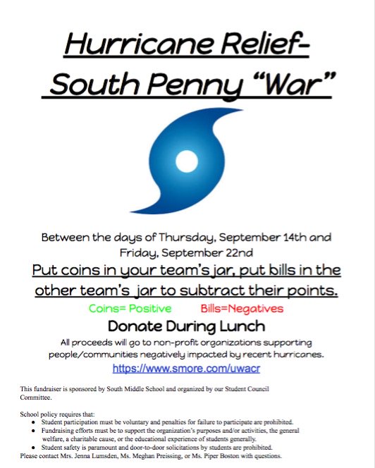 East and West are engaged in a Penny "War" fundraiser. There is still time to bring in change for a positive change! youtu.be/xsNA_CFBPng