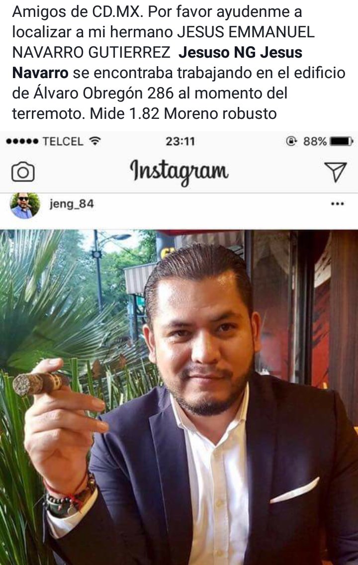 SalazarEvelyn's tweet photo. @Flaqui_9 un amigo busca a JESÚS EMMANUEL NAVARRO GUTIÉRREZ (su hermano), saben si están en lista de rescatados? Estaba en edificio #286 https://t.co/cszhWaEAjj