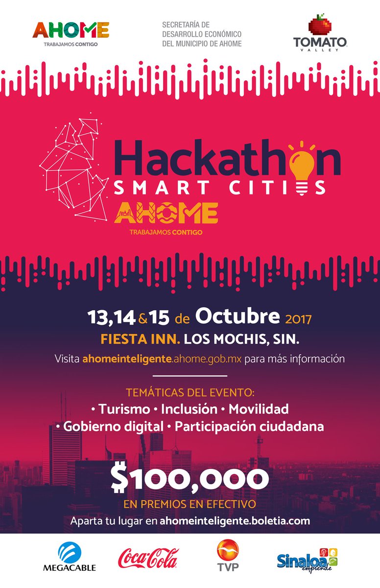 tomatovalley's tweet photo. #Hackathon #SmartCities en Los Mochis, Ahome - 13,14 y 15 de octubre - registro: https://t.co/uCY10Dlamf + info: https://t.co/4xZhkdBfu9 https://t.co/61K6bzJtLh