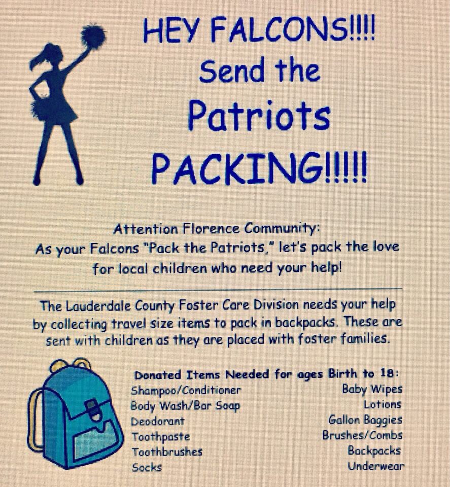 FlorenceHS19's tweet photo. Help the local foster children by donating these items to Mrs. Mccutcheon's room!! And remember to Pack the Patriots!!! https://t.co/Ovfy77e8cu
