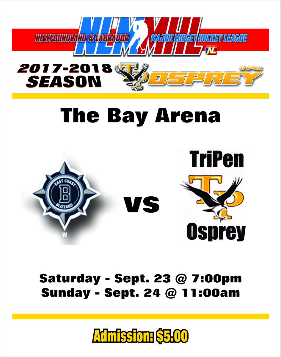 Home opener this Saturday 7pm @thebayarena #NewSeason #LetsGoOsprey <a href="/CeebeeStars/">Harbour Grace Ocean Industries CeeBee Stars</a> <a href="/JRStarsCBN/">MoorFrost Jr Stars</a> @ECMMBlizzard