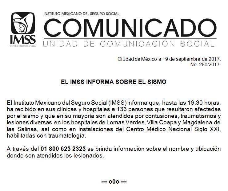 #COMUNICADO <a href="/Tu_IMSS/">IMSS </a> informa sobre el sismo.