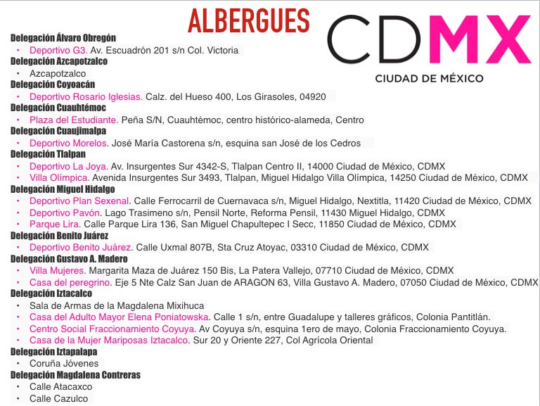Les comparto la lista de albergues que se están instalando en la #CDMX Comparte #Sismo 🐉