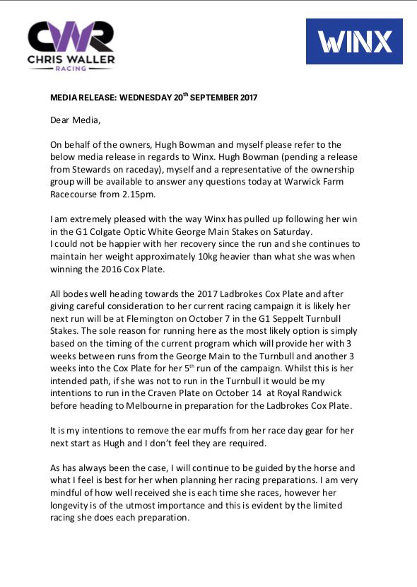 cwallerracing's tweet photo. Please see below a media release from the stable in relation to Winx and her next run. https://t.co/o4lQwrGxG5