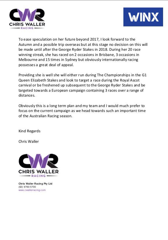 cwallerracing's tweet photo. Please see below a media release from the stable in relation to Winx and her next run. https://t.co/o4lQwrGxG5