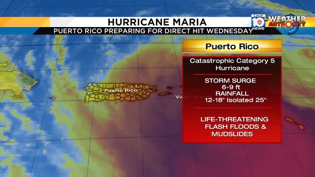 P.R. prepares for direct hit from Maria. Destructive winds, life-threatening flash floods & mudslides are possible. https://t.co/s2eDJu3MrO
