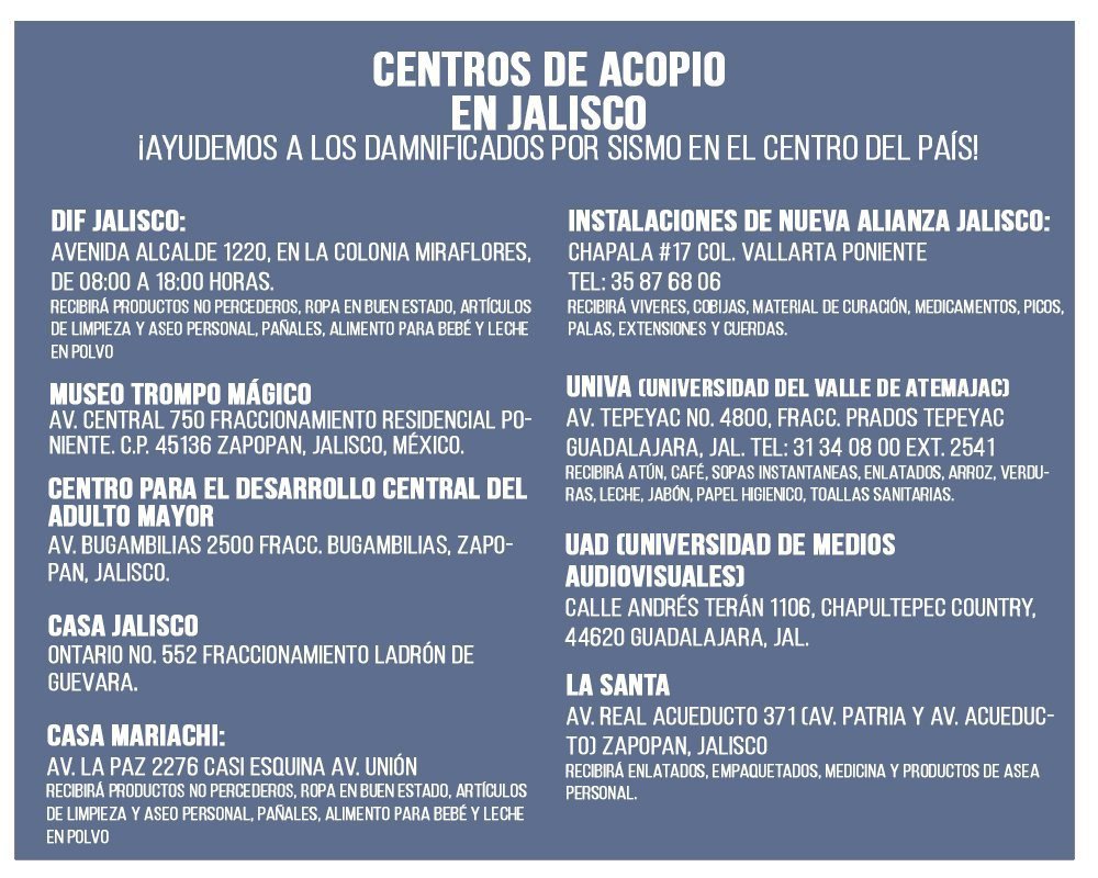 Rodrigo_Cornejo's tweet photo. #JaliscoApoya #AyudaCiudadana #Sismo ¿No sabes cómo apoyar o a dónde llevar tu apoyo? Aquí varios centros de acopio en Jalisco. RT! @_EnGdl https://t.co/8J0KJUqKP0