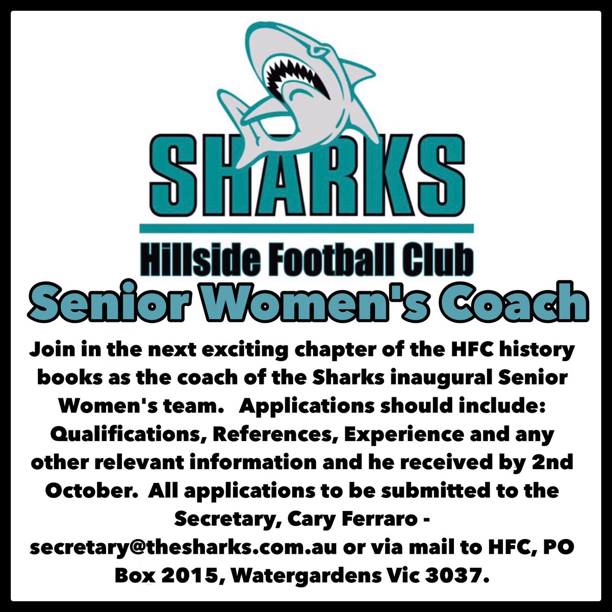 Sharks Inaugural Senior Women's Coaching applications open now!  Come make history with the Sharks in 2018