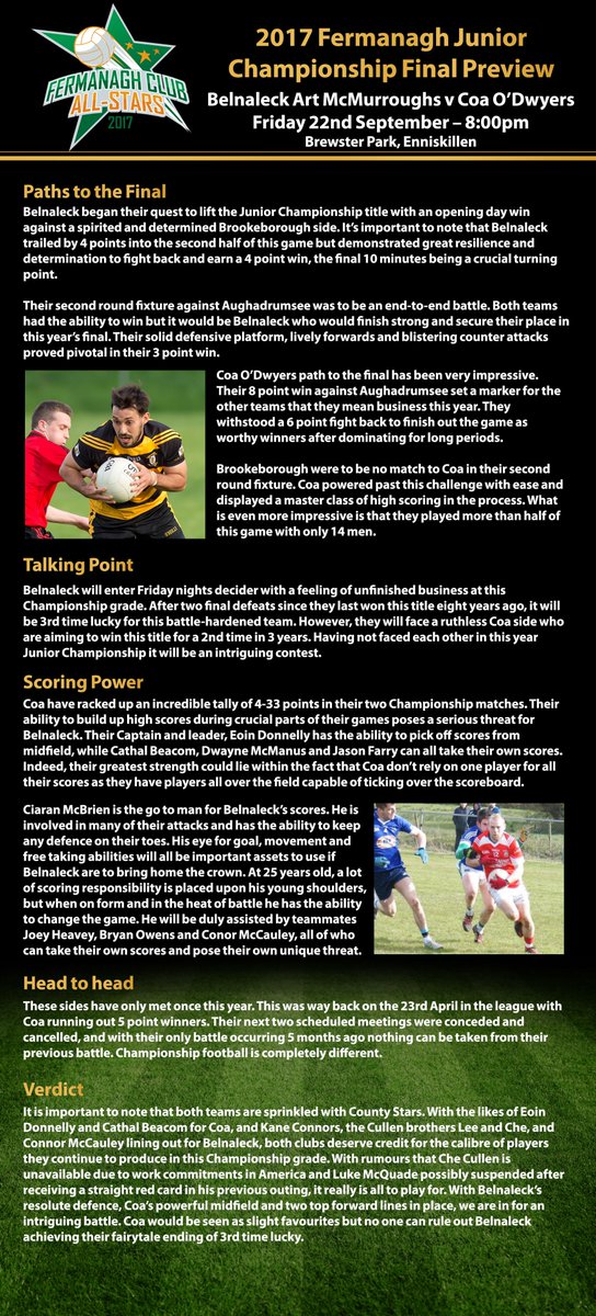fermallstars's tweet photo. Preview of Fridays @FermanaghGAA Junior Championship final between @belnaleckGAC and @CoaODwyers. Who will be the 2017 champions? #JFC2017 https://t.co/4LaW3grZMO