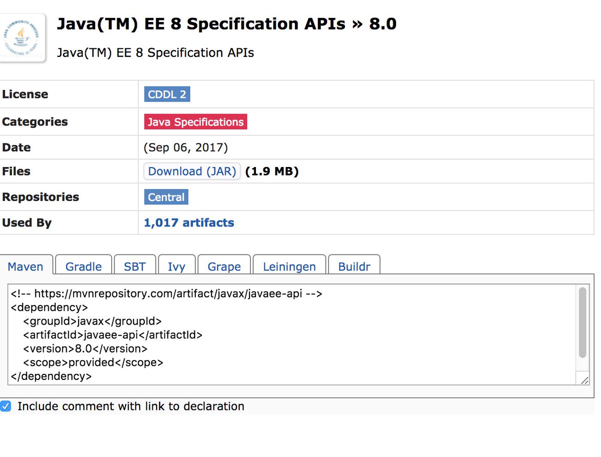 java's tweet image. The new #JavaEE8 #Maven dependency is here 
mvnrepository.com/artifact/javax…