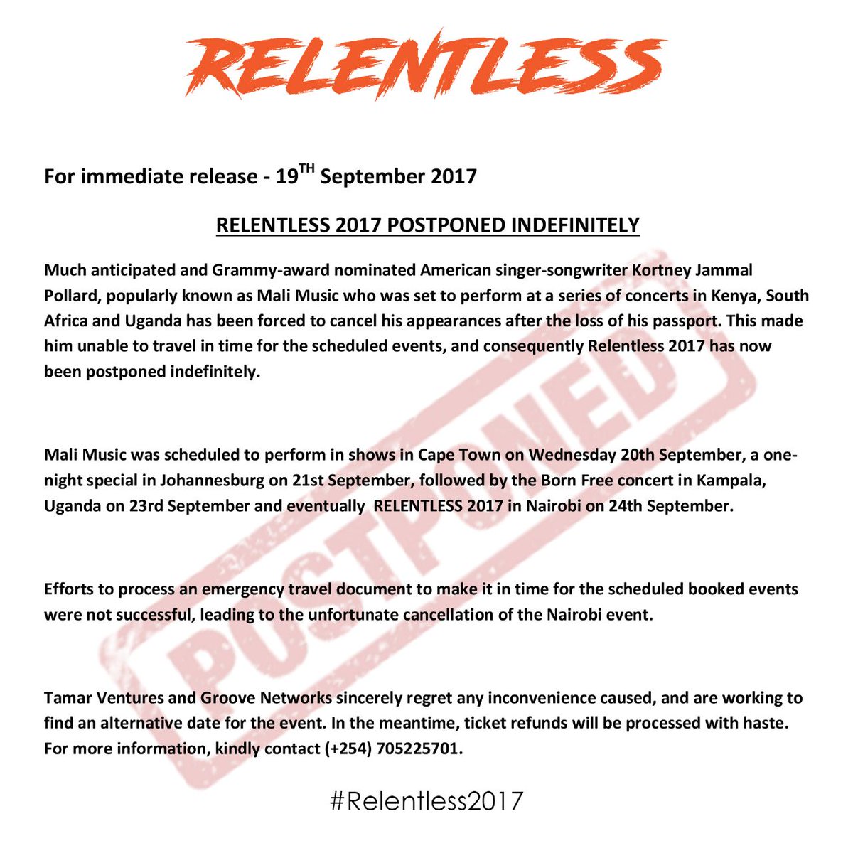 MarionMaina's tweet photo. #Relentless2017 postphoned indefinitely https://t.co/AaQJ4MQ57C