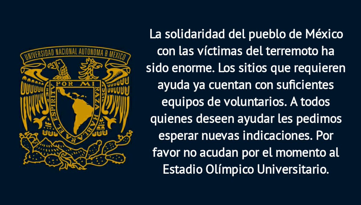 Por el momento no hacen falta más voluntarios para ayudar a las víctimas del temblor. No acudir hasta nuevo aviso al Estadio Olímpico.