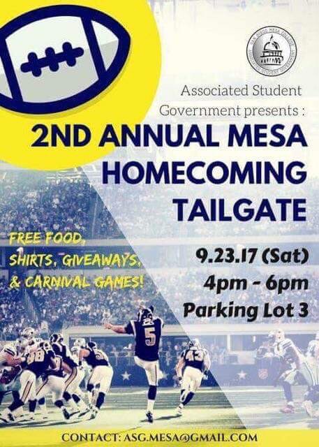 The Mesa Homecoming Tailgate is back! We will have free food, shirts, giveaways and carnival games!!#MesaTailgate
|Student ID Required|