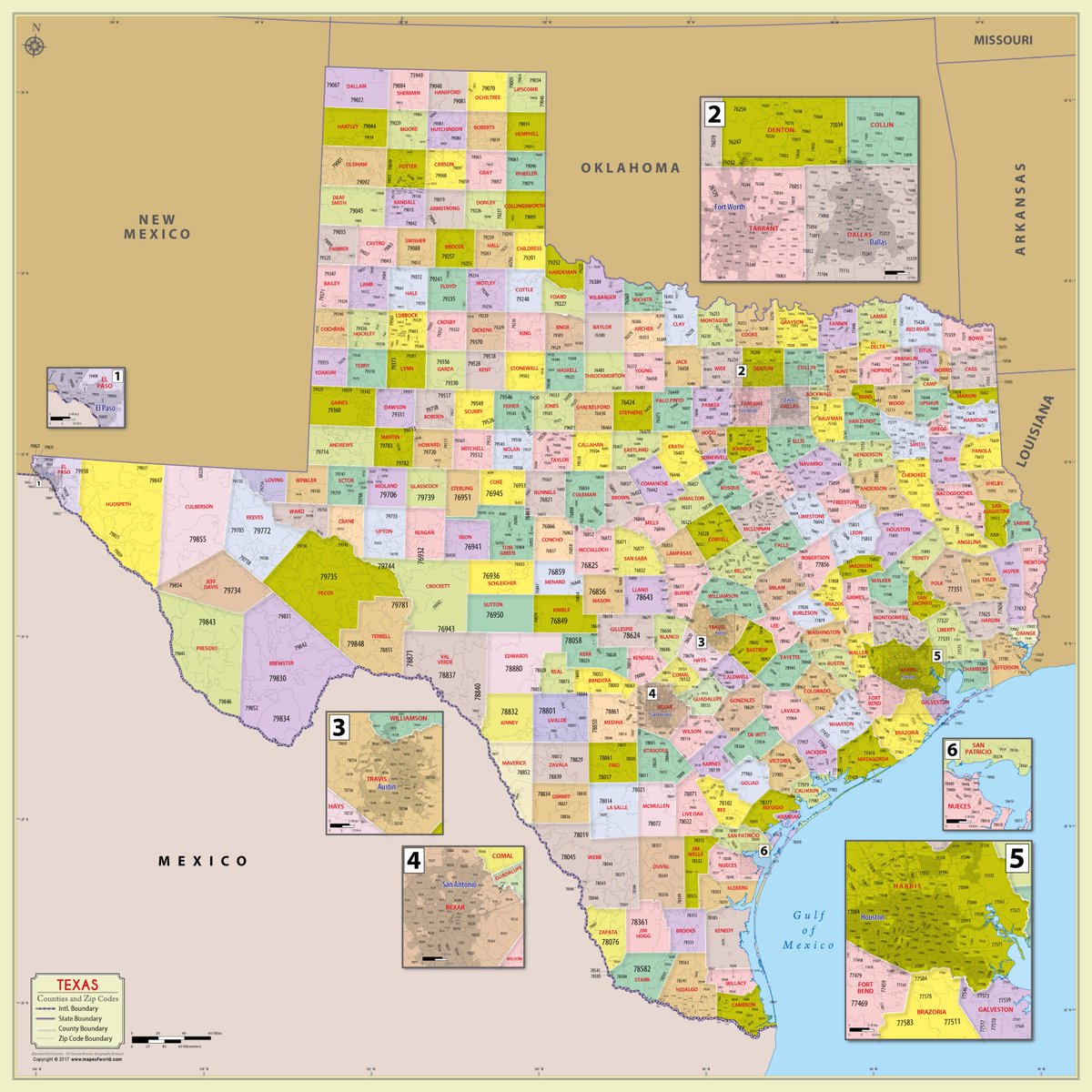 Zip Code Map With Counties (48" W x 48" H) exclusively from our s...