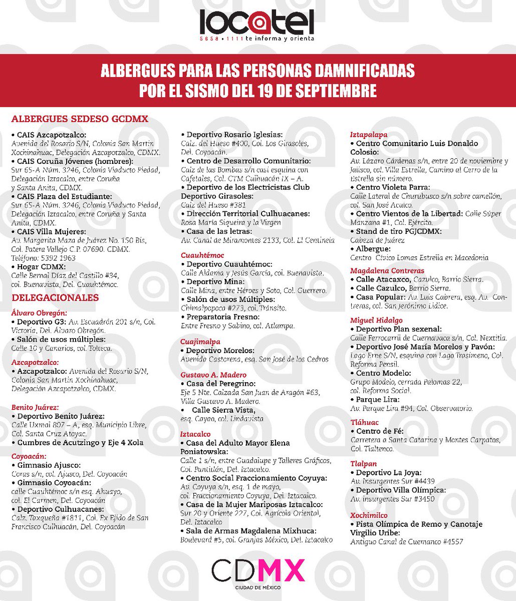 locatel_mx's tweet photo. #AlMomento Lista de albergues para personas damnificadas por el #sismo ocurrido en la #CDMX. https://t.co/xnNgC42PLH
