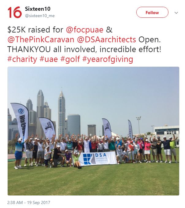 DSAarchitects's tweet photo. We're delighted that were able to raise this amount to help our friends @focpuae @ThePinkCaravan #DSA #DSACares #YearofGiving #DSAOpen2017 https://t.co/eOlClVCzZ7