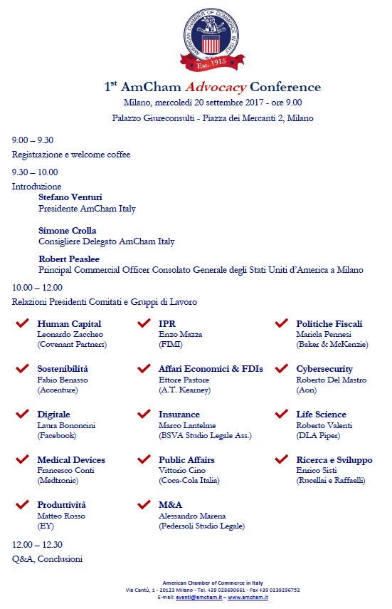 AmChamItaly's tweet photo. Partiti! 1st AmCham Advocacy Conference #advocacy #FDI #investimenti @stefano_venturi @CrollaS https://t.co/83kvyzpH2o