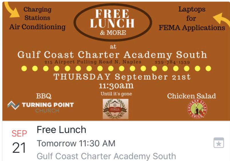 GCCAS1's tweet photo. Join us at GCCAS for a free lunch tomorrow and more!!! #GCCAS #HurricaneIrmaAftermath #BBQ #ChickenSalad #FEMA https://t.co/ndvtXOYSD2