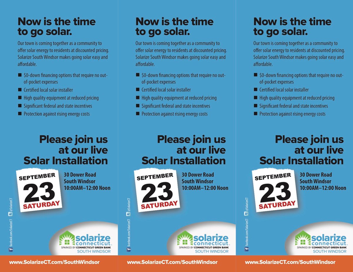 SolarizeCT's tweet image. Join a South Windsor resident as his solar panels get installed on Saturday from 10 am-noon, 30 Dower Road as part of Solarize South Windsor