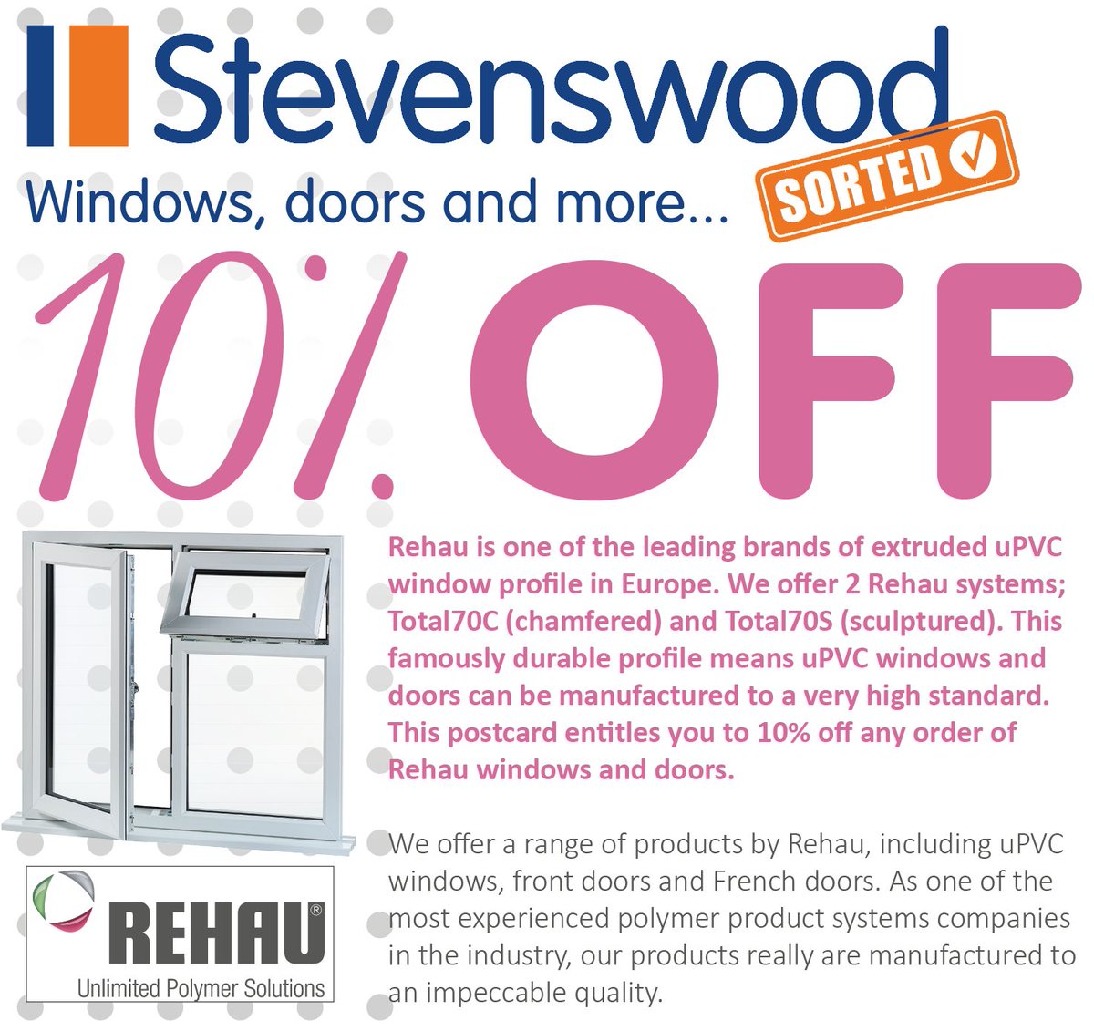 StevenswoodUK's tweet photo. GET 10% OFF ANY REHAU WINDOW &amp; DOOR ORDER! Order value upto £2000+ VAT. Maximum discount £200. Offer starts 18th Sept, ends 30th Nov. #Rehau https://t.co/lq9XRBnzer